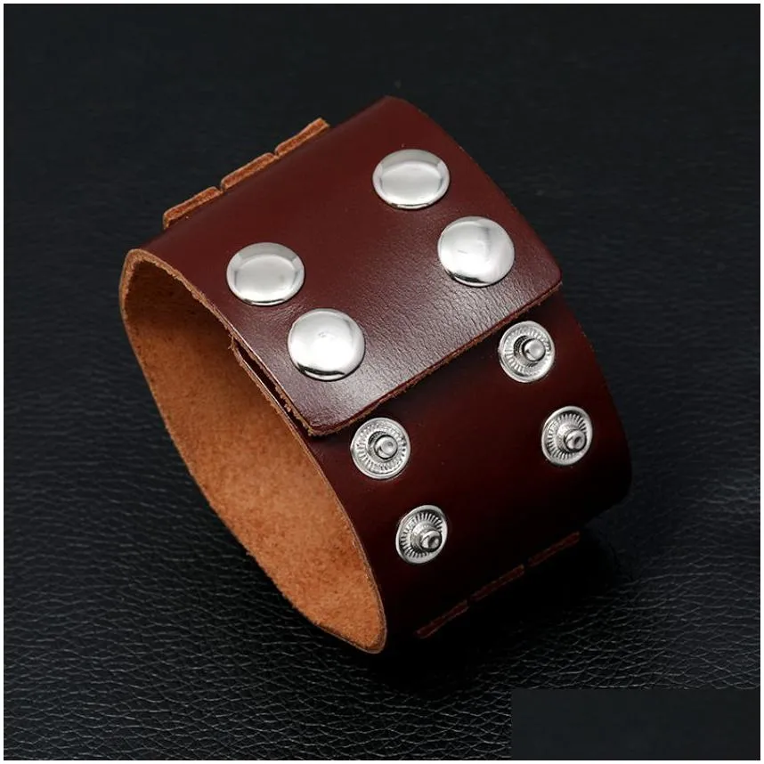 Jewelry Wide Rivet Leather Bangle Cuff Mtilayer Wrap Button Adjustable Bracelet Wristand For Men Women Fashion Jewelry Drop Delivery B Dht7S