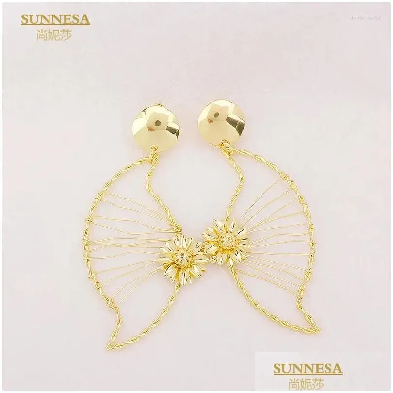 Dangle Earrings SUNNESA Gold Plated Big Drop For Women African Wedding Jewelry Fashion Silver Color Flower Design Lager