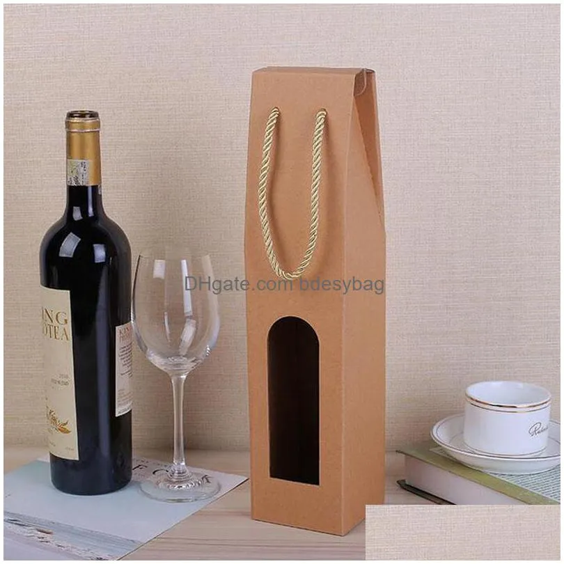 Gift Wrap Kraft Paper Single Wine Bags Red Handle Packing Gift Bag With Window Christmas Party Favor Za5005 Drop Delivery Home Garden Dhaym