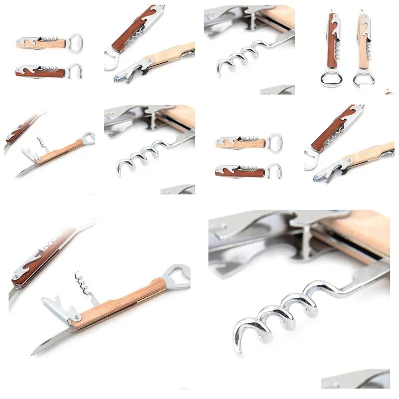 Openers Wood Handle Wine Opener Stainless Steel Hand-Held Deluxe Bottle Corkscrew Double Hinge Waiters Drop Delivery Home Garden Kitch Dhzlj