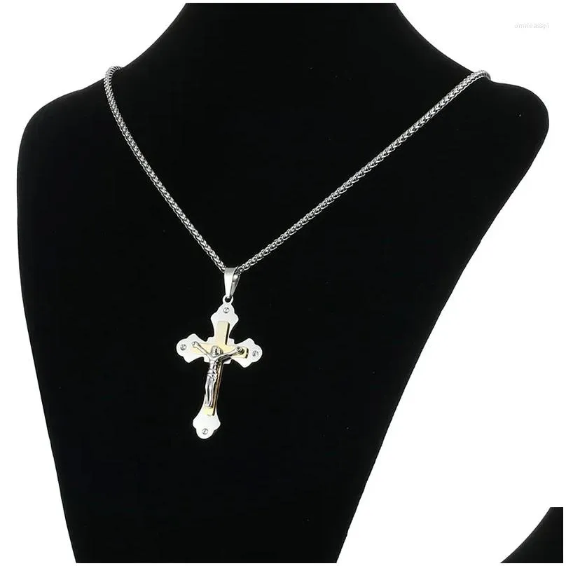 Pendant Necklaces Catholic Zircon Crucifix Cross Jesus Christ Stainless Steel Chain For Men Dad Birthday Gifts Religious Jewelry