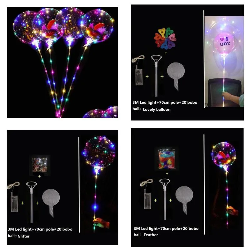 Other Festive & Party Supplies Helium Transparent Led Balloon Flashing Bobo With Stickers Cartoon Feathers Glitters For Festival Decor Dhxol