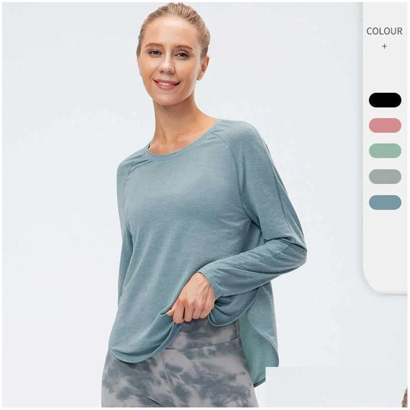 Womens Yoga Outfits Tops Clothes Loose And Thin Running Sports Long Sleeve T-Shirt Fast Drying Breathable Training Fitness O Round Ne Dhjoi