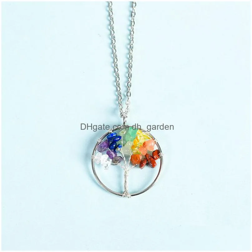 Pendant Necklaces Natural Stone Crystal Tree Of Life Chip Gemstone Pendant Necklace 7 Chakra Yoga Healing Topaz Red Agate Ne Dhgarden Dhjqx