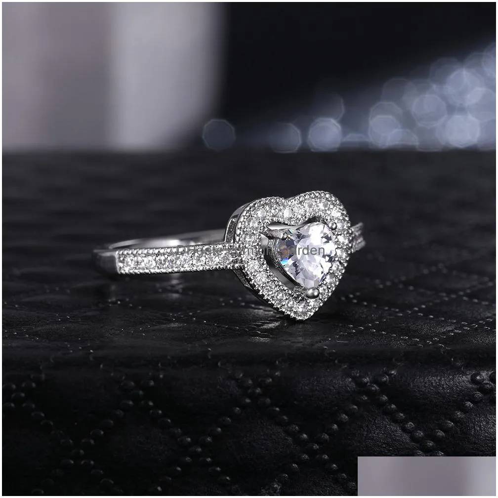 Cluster Rings Romantic Love Heart Zircon Diamond Ring Band Bride Engagement Wedding Rings For Women Girls Fashion Fine Jewe Dhgarden Dh1Ew