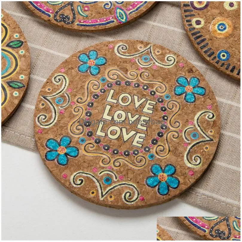 Mats & Pads Round Natural Cork Coasters Heat Resistant Patterned Mats Anti-Scalding Coaster Tabletop Protection Drink Lx4663 Drop Deli Dh8Te