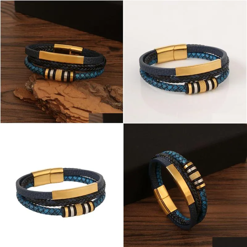 Jewelry Stainless Steel Bracelet For Men Hand Woven Mtilayer Handmade Braided Leather Magnetic Buckle Titanium Drop Delivery Baby, Kid Dhngn