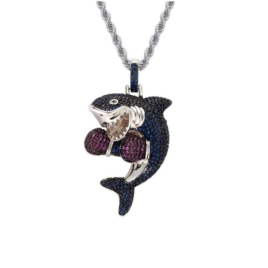 Jewelry Sport Boxing Shark Necklace Bling Jewelry Set 18K Gold Diamond Cubic Zirconia Animal Pendant Hip Hop Necklaces For Women Men S Dhjfs