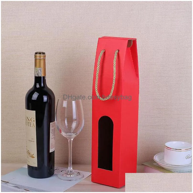 Gift Wrap Kraft Paper Single Wine Bags Red Handle Packing Gift Bag With Window Christmas Party Favor Za5005 Drop Delivery Home Garden Dhaym