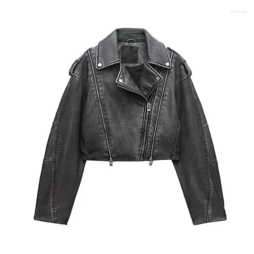 Women`s Leather PU Short Jacket Coats Lapel Collar Long Sleeves Distressed Faux Biker Female Chic Outerwear