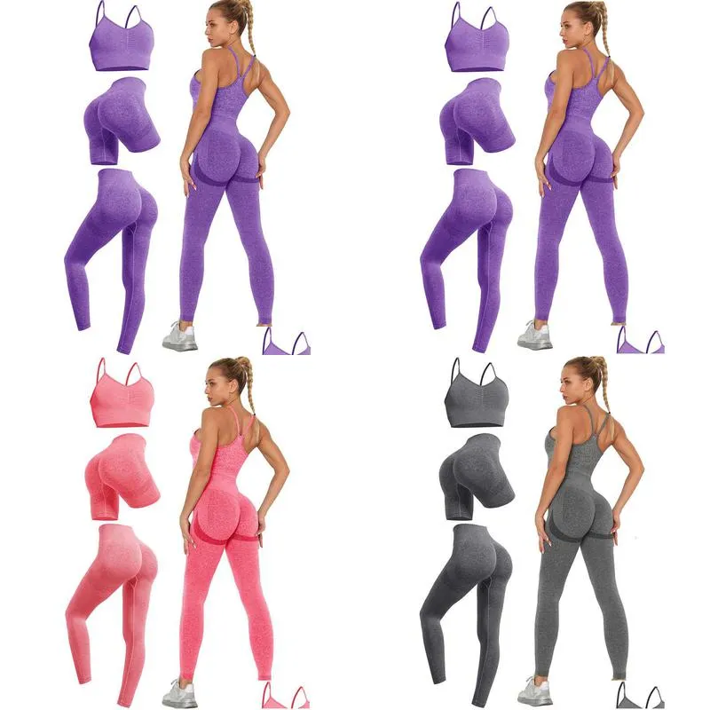 Lu Align Workout 3Pcs Seamless Set Womens Running Gym Clothe Fitness Leggings Long Sleeve Active Wear Women Sports Suit Yoga Lemon Ll Dhk8P