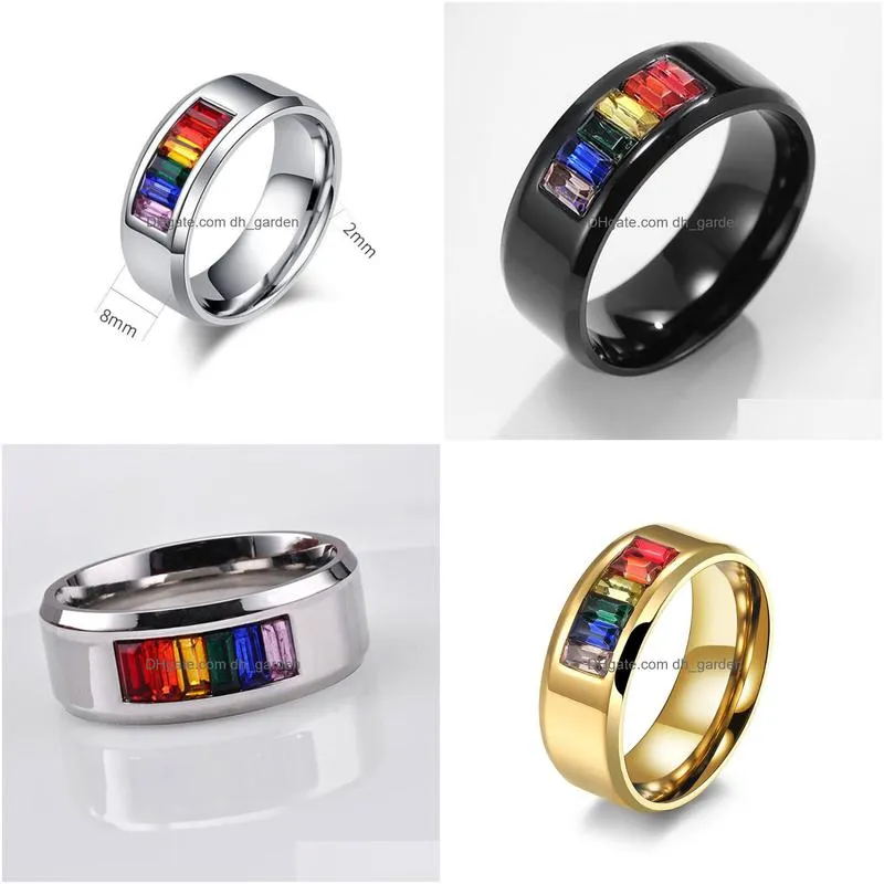 Band Rings Rainbow Crystal Gay Ring Band Stainless Steel Rings For Couple Men Women Fashion Jewelry Valentines Gift Drop De Dhgarden Dhwgv