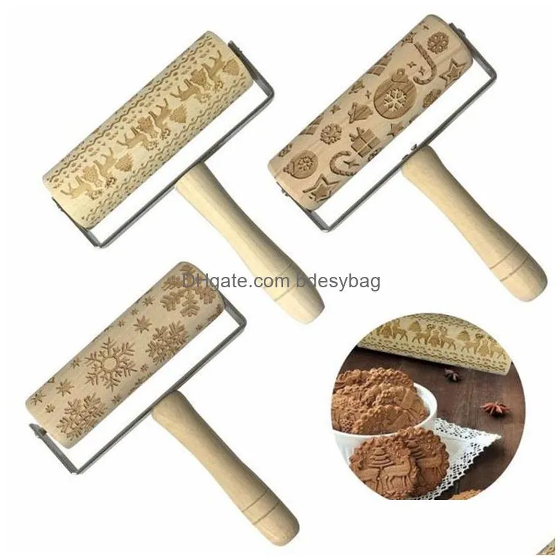 Rolling Pins & Pastry Boards Christmas Embossing Rolling Pin Baking Noodle Biscuit Fondant Cake Dough Engraved Roller Snowflake Kitche Dhh7P