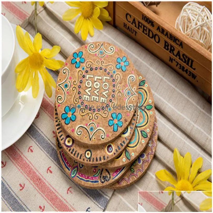 Mats & Pads Round Natural Cork Coasters Heat Resistant Patterned Mats Anti-Scalding Coaster Tabletop Protection Drink Lx4663 Drop Deli Dh8Te