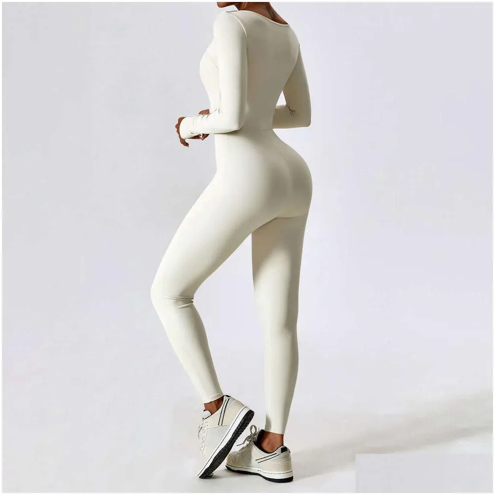 Lu Align Yoga Jumpsuit Woman Eu/Us Autumn Long Sleeve Square Neck Slim Fit Padded Leg Dance Bodysuit Breathable Nylon Womens Drop Del Dh5Qb