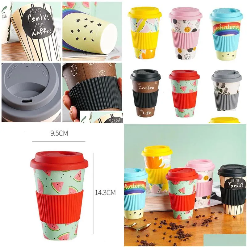 Mugs Heat Resistance Bamboo Fiber Mug Coffee With Sile Lid Tea Milk Bear Cup Drinkware Water Bottle 470Ml 231013 Drop Delivery Dhzwo