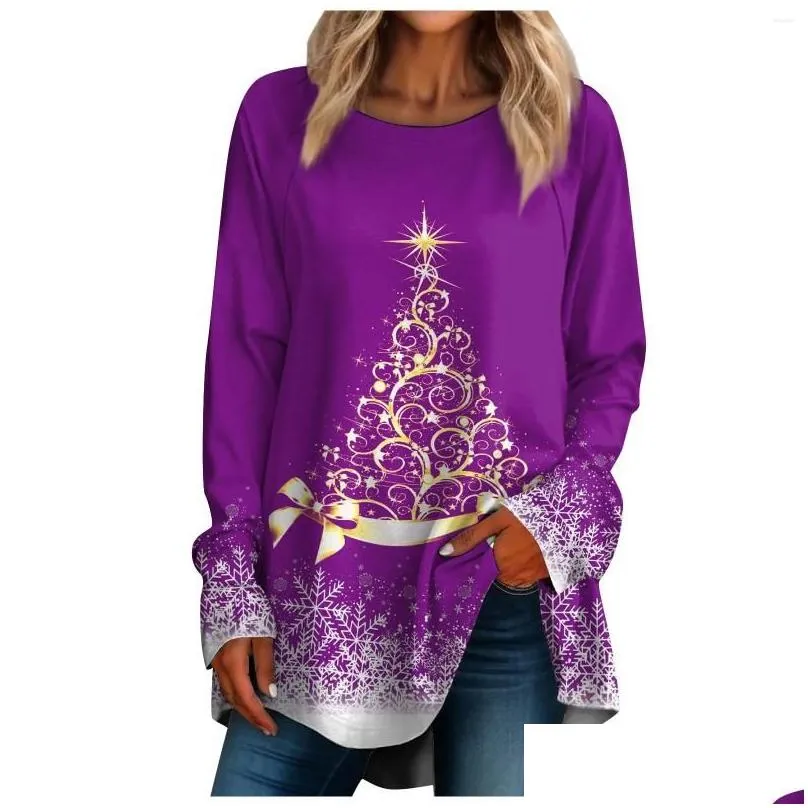 Women`s T Shirts Christmas Autumn 3D Tree Print Long Sleeve Round Neck Fashion T-shirt Atmosphere Pullover Women Top