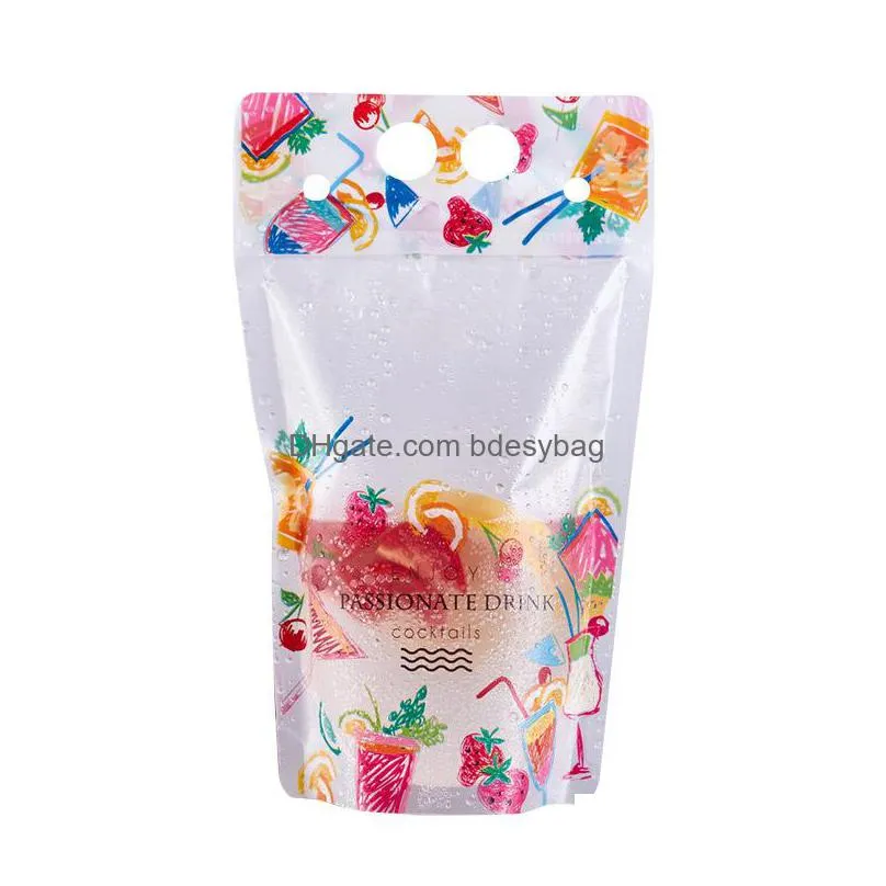 Storage Bags 500Ml Fruit Pattern Plastic Drink Packaging Bag With St For Beverage Juice Milk Coffee Handle And Holes Lx0741 Drop Deliv Dh9Qe