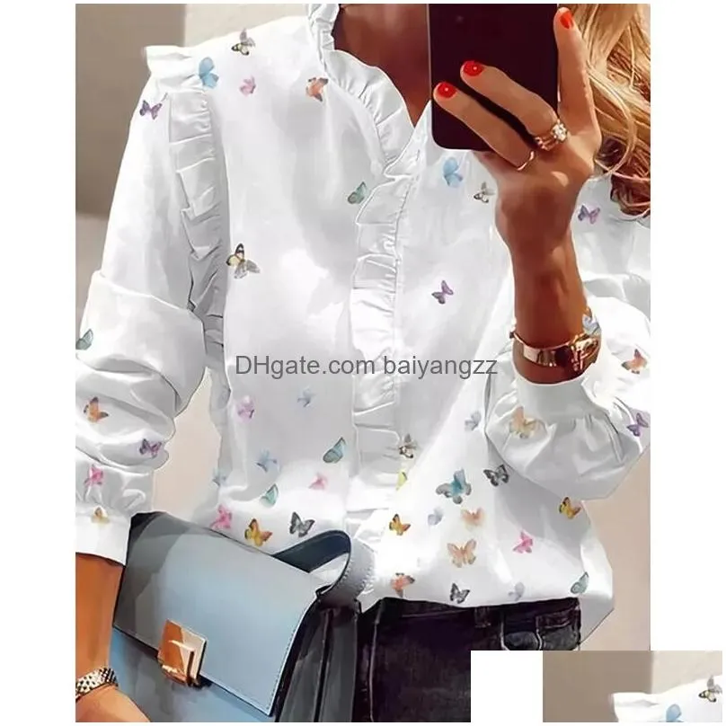 womens blouses shirts women elegant fashion butterfly print top ruffled trim casual long sleeve blouse