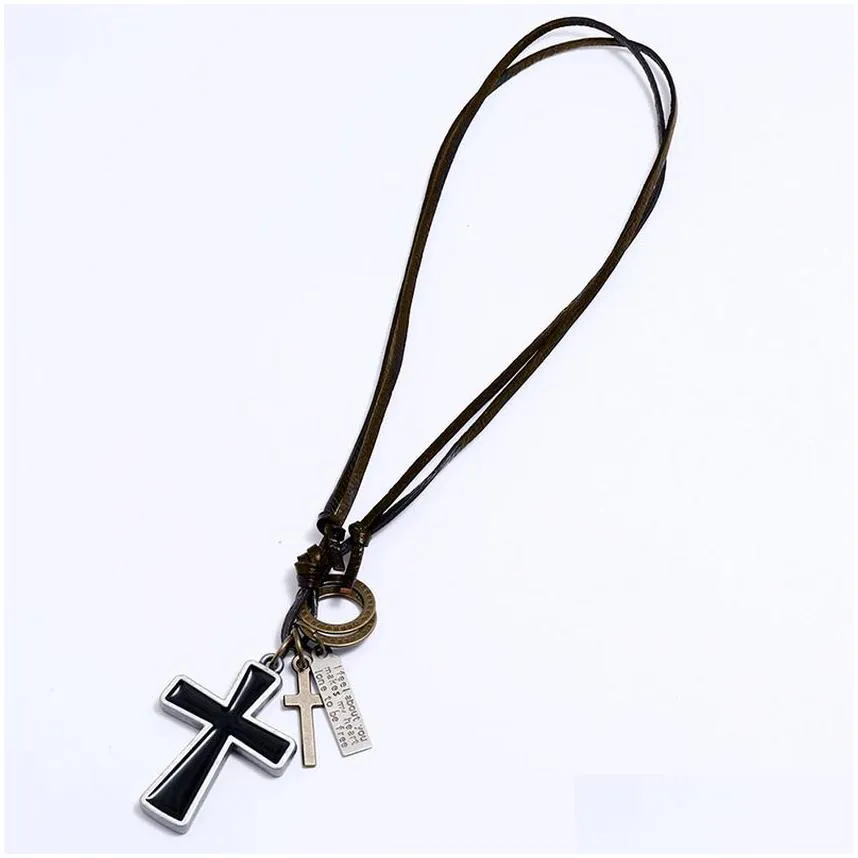 Jewelry Enamel Jesus Cross Necklace Letter Id Adjustable Chain Pendant Leather Necklaces For Women Men Punk Fashion Jewelry Gift Drop Dhi6K