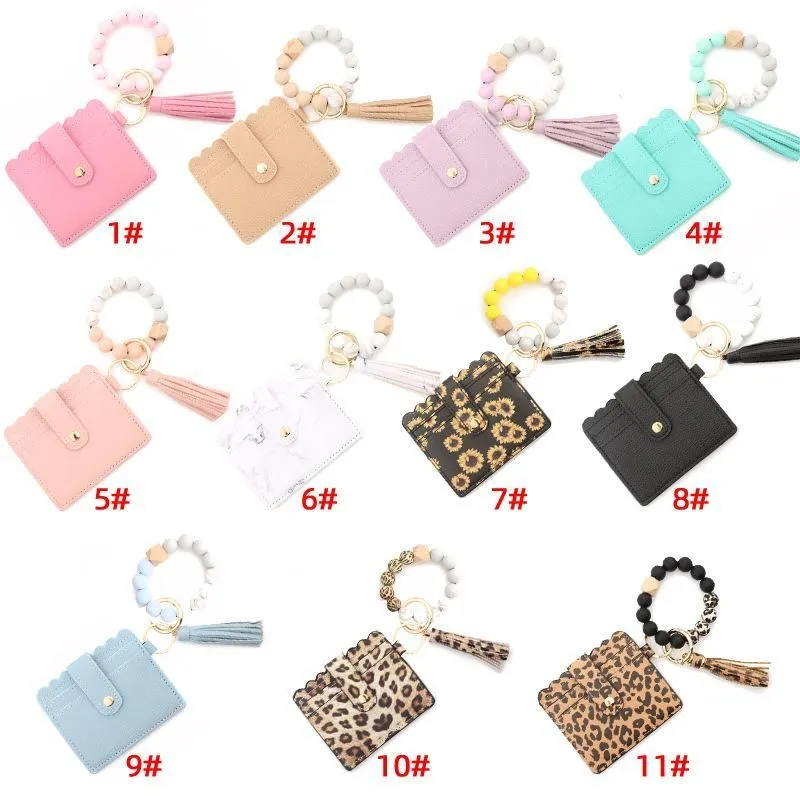 PU Leather Bracelet Wallet Keychain Party Favor Tassels Bangle Key Ring Holder Card Bag Silicone Beaded Wristlet Keychains ss1118