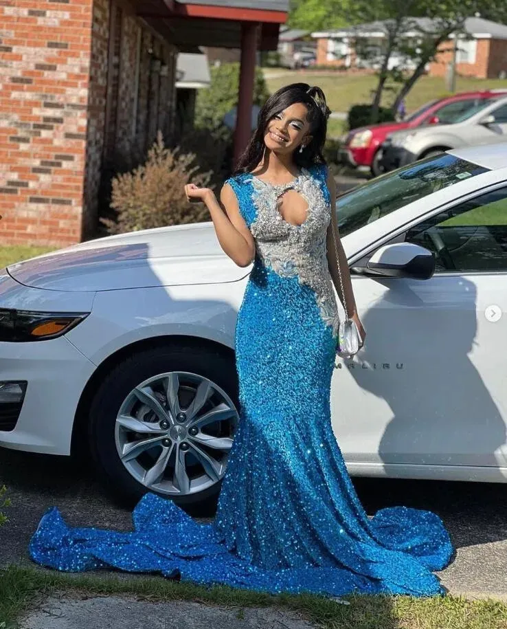 Luxury Blue Sequins Prom Party Formal Dresses for Black Girls 2024 Sparkly Diamond Beaded Sheer Mesh Evening Occasion Gala Gowns