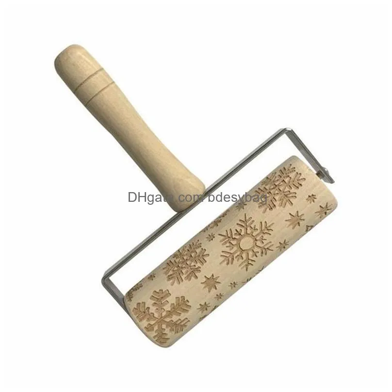 Rolling Pins & Pastry Boards Christmas Embossing Rolling Pin Baking Noodle Biscuit Fondant Cake Dough Engraved Roller Snowflake Kitche Dhh7P