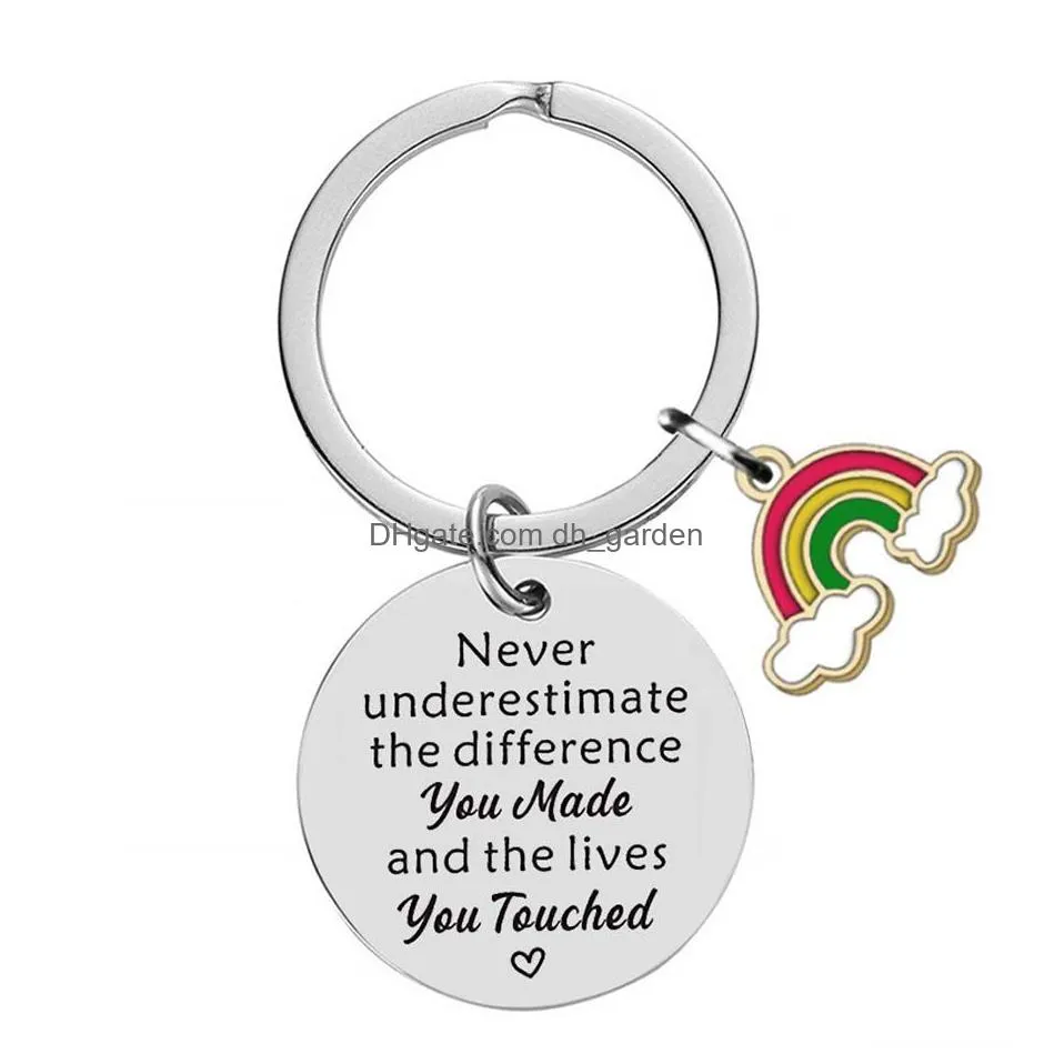 Key Rings Stainless Steel Key Rings Letter Never Underestimate Enamel Rainbow Charm Keychain Pendant Holder Bag Hangs Fashi Dhgarden Dhpjf