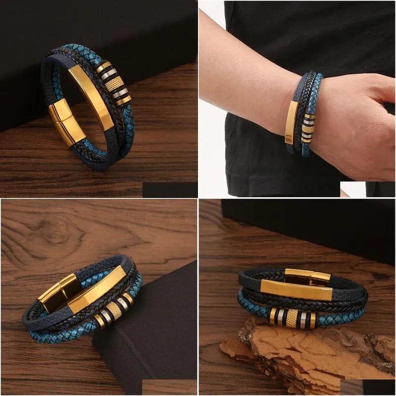 Jewelry Stainless Steel Bracelet For Men Hand Woven Mtilayer Handmade Braided Leather Magnetic Buckle Titanium Drop Delivery Baby, Kid Dhngn