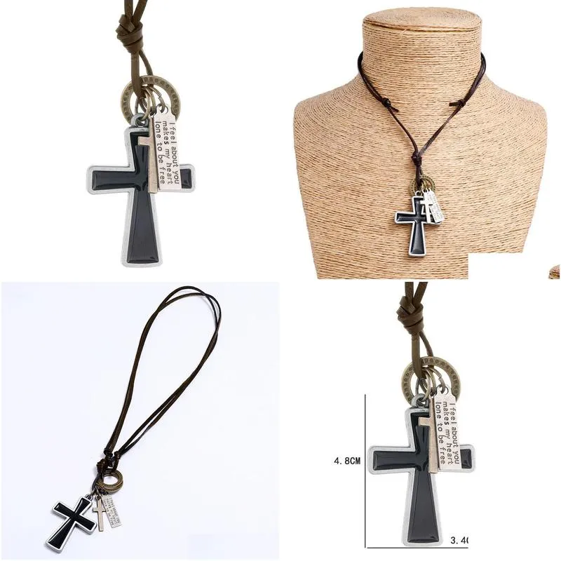 Jewelry Enamel Jesus Cross Necklace Letter Id Adjustable Chain Pendant Leather Necklaces For Women Men Punk Fashion Jewelry Gift Drop Dhi6K