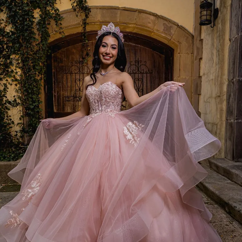 Pink Princess Quinceanera Dresses Off Shoulder Lace Appliques Tull Corset Up Ball Gown Sweet 16 17 Birthday Vestidos De 15
