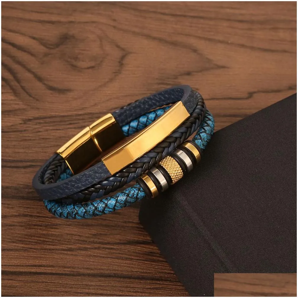 Jewelry Stainless Steel Bracelet For Men Hand Woven Mtilayer Handmade Braided Leather Magnetic Buckle Titanium Drop Delivery Baby, Kid Dhngn