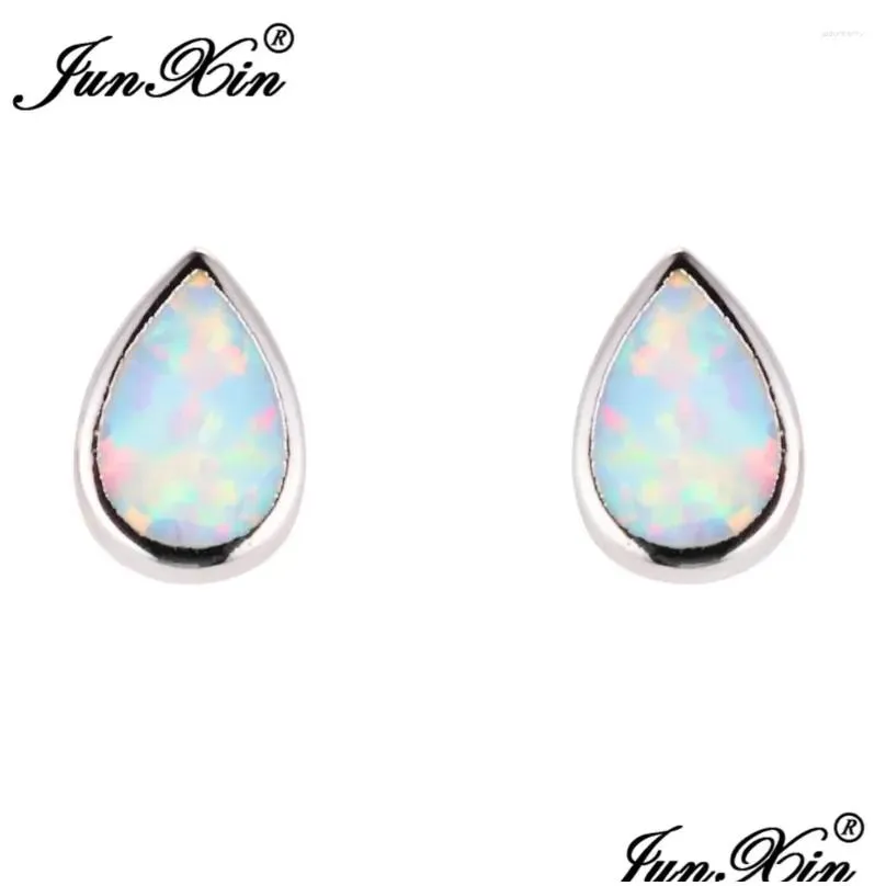 Stud Earrings JUNXIN Water Drop Design White Fire Opal Earring Female Silver Color Double Sided For Women