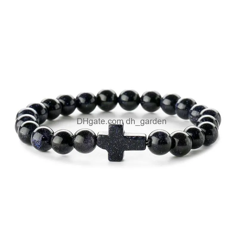 Chain 8Mm Natural Stone Turquoise Bracelet Lava Agate Elastic Cross Charm Bracelets For Men Drop Delivery Jewelry Bracelets Dhgarden Dhwma