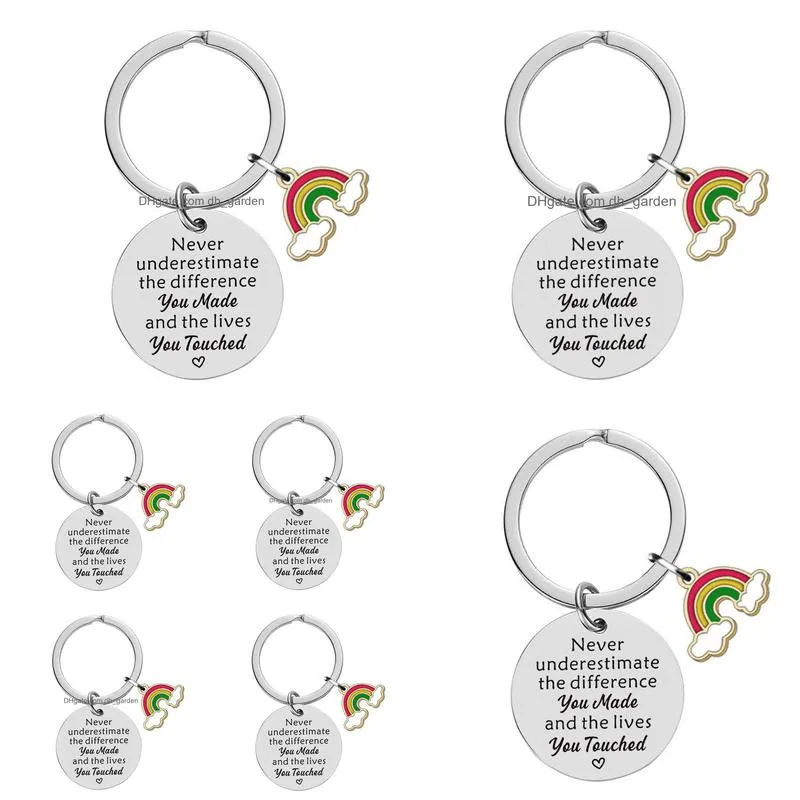 Key Rings Stainless Steel Key Rings Letter Never Underestimate Enamel Rainbow Charm Keychain Pendant Holder Bag Hangs Fashi Dhgarden Dhpjf