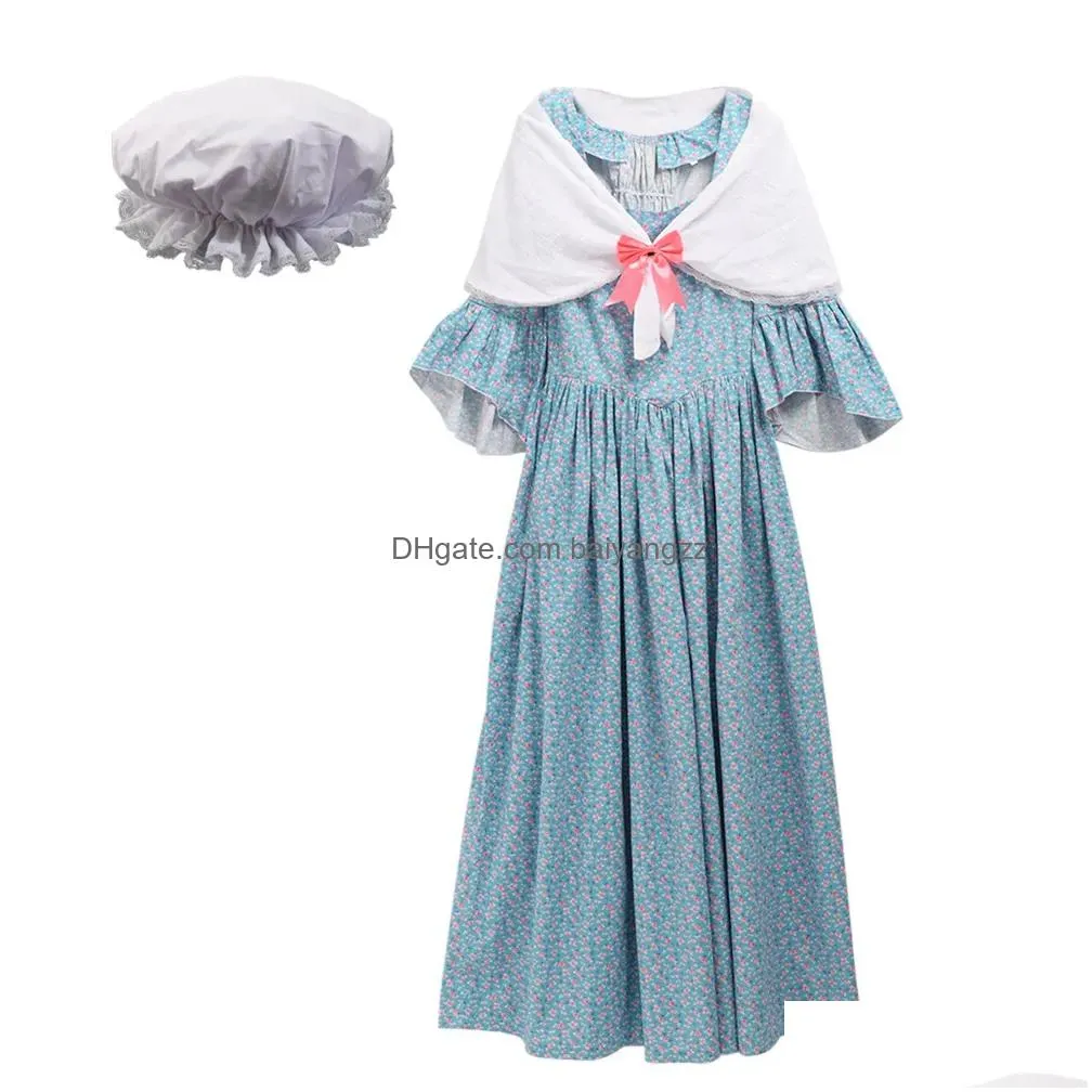 costume medieval renaissance costumes colonial pioneer pilgrim adult halloween carnival party woman floral dress with bonnet outfit
