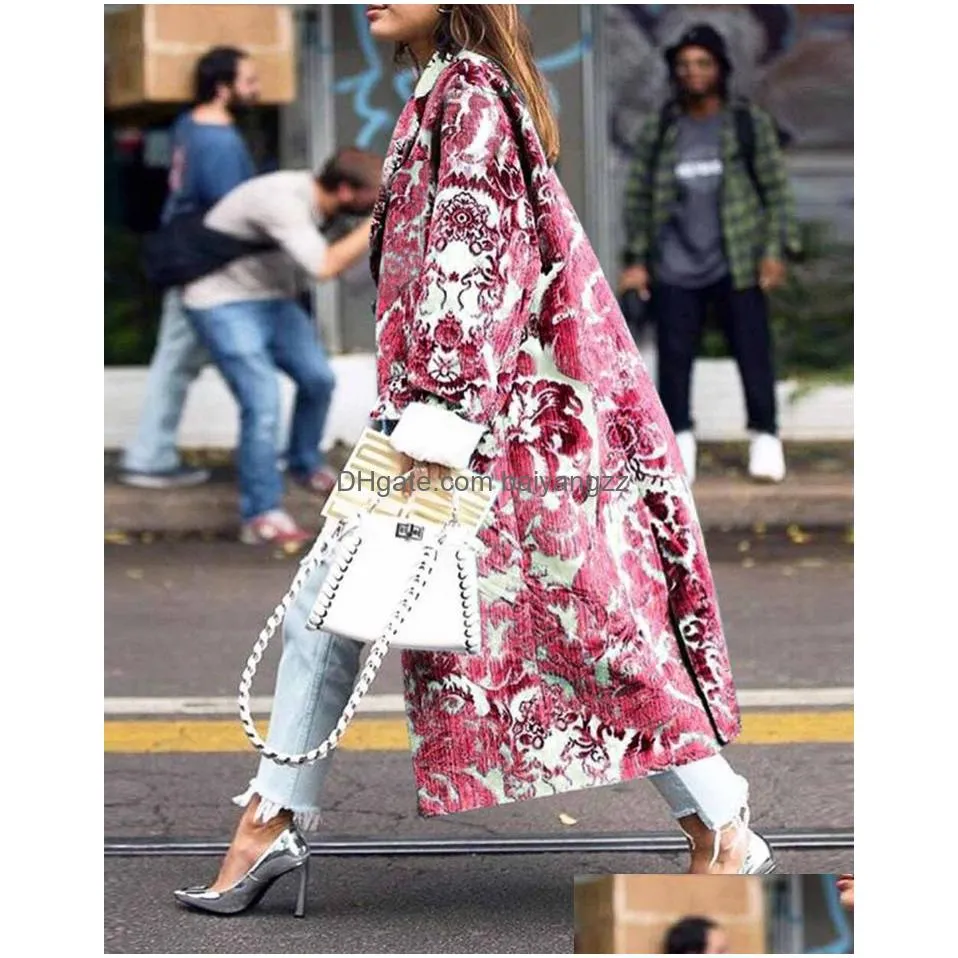 Womens Wool Blends Elegant Autumn Street Lady Long Cardigan Coats Fashion Floral Print Pocket Long-Sleeve Jacket Winter Women Blend Dhgov