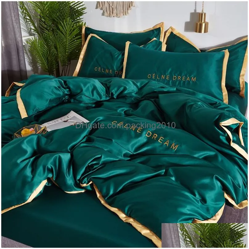 Bedding Sets Four-Piece Silk Cotton Bedding Sets King Queen Size Soft Printed Quilt Er Pillow Case Duvet Brand Bed Comforters Fast Dro Dhyj4