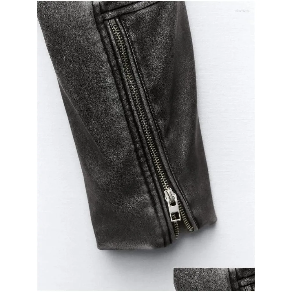 Women`s Leather PU Short Jacket Coats Lapel Collar Long Sleeves Distressed Faux Biker Female Chic Outerwear