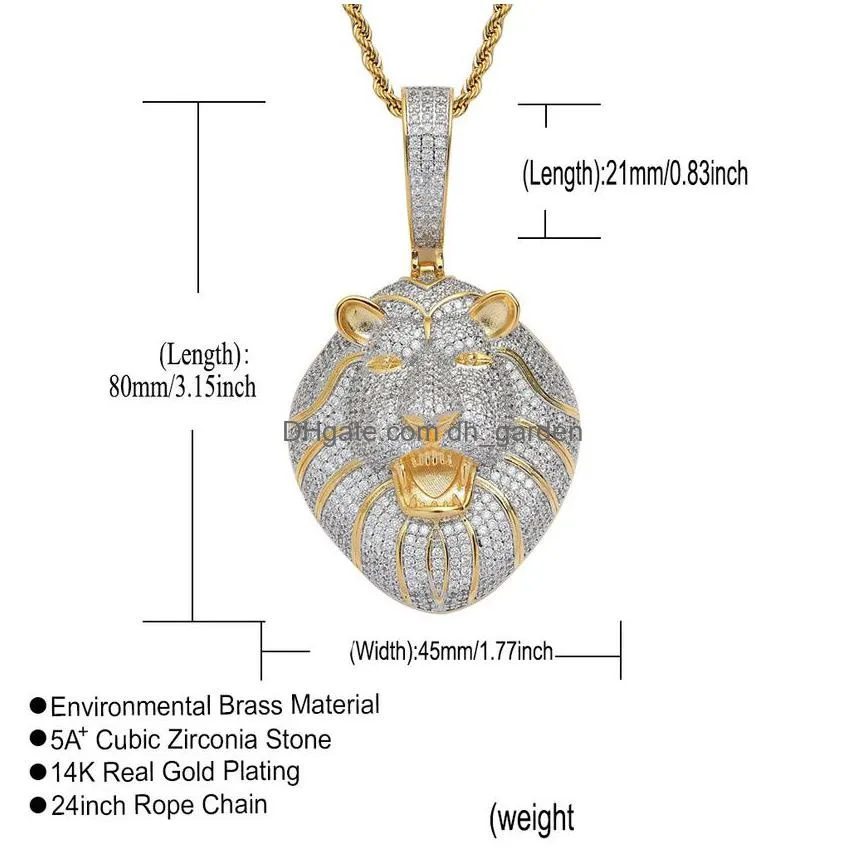 Pendant Necklaces Bling  Head Necklace Jewelry Set 18K Gold Diamond Cubic Zircon Animal Pendant Hip Hop Necklaces With S Dhgarden Dhb2Z
