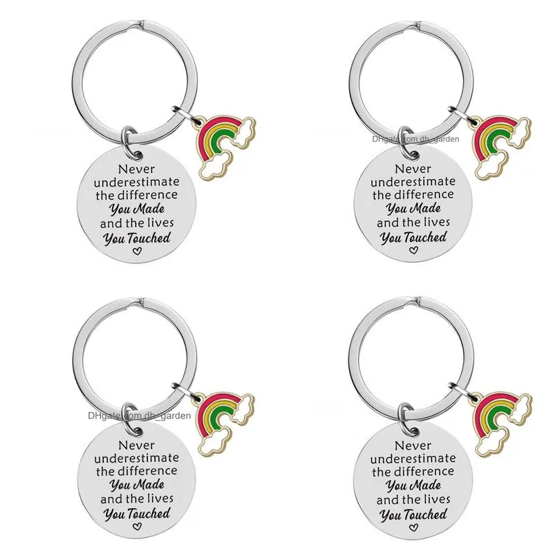 Key Rings Stainless Steel Key Rings Letter Never Underestimate Enamel Rainbow Charm Keychain Pendant Holder Bag Hangs Fashi Dhgarden Dhpjf