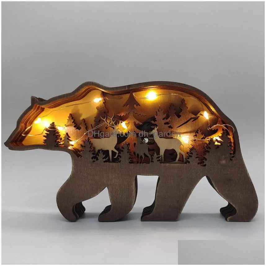Other Home Decor Update Bear Christams Deer Craft 3D Laser Cut Wood Home Decor Gift Art Crafts Toy Wild Forest Animal Table Dhgarden Dhxt1