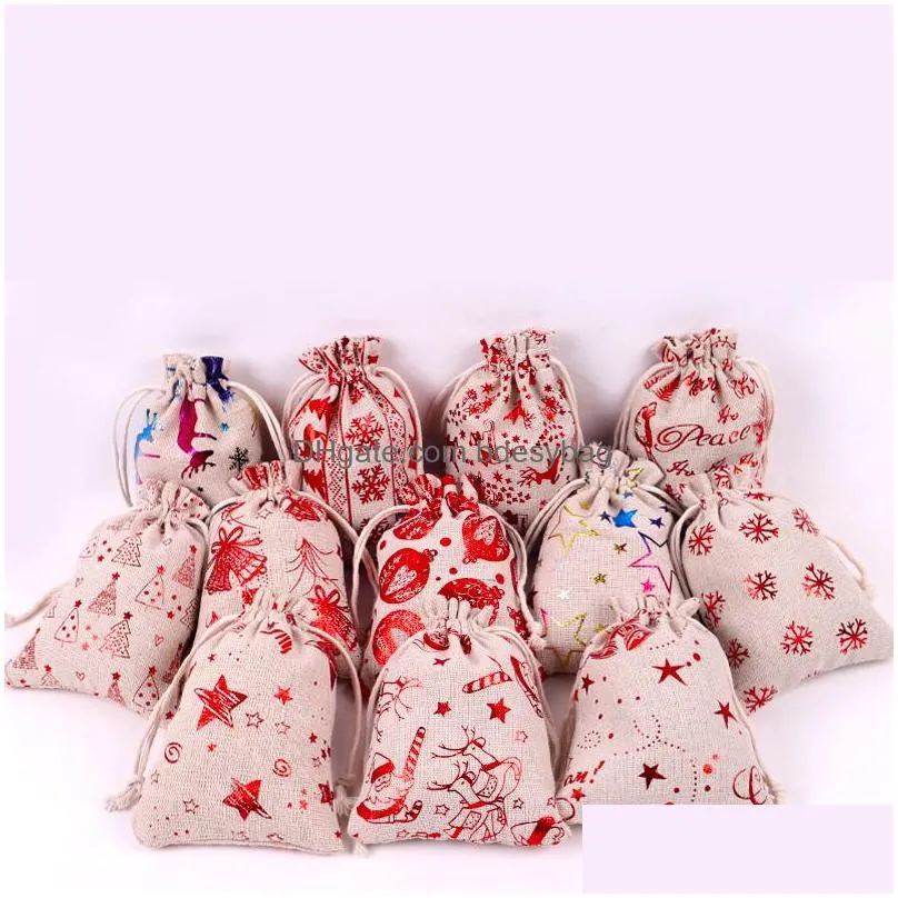 Christmas Decorations Colorf Linen Christmas Cotton Bags 10X14 13X18Cm Home Party Muslin Candy Gifts Jewelry Packaging Bag Dstring Gif Dh3Ly