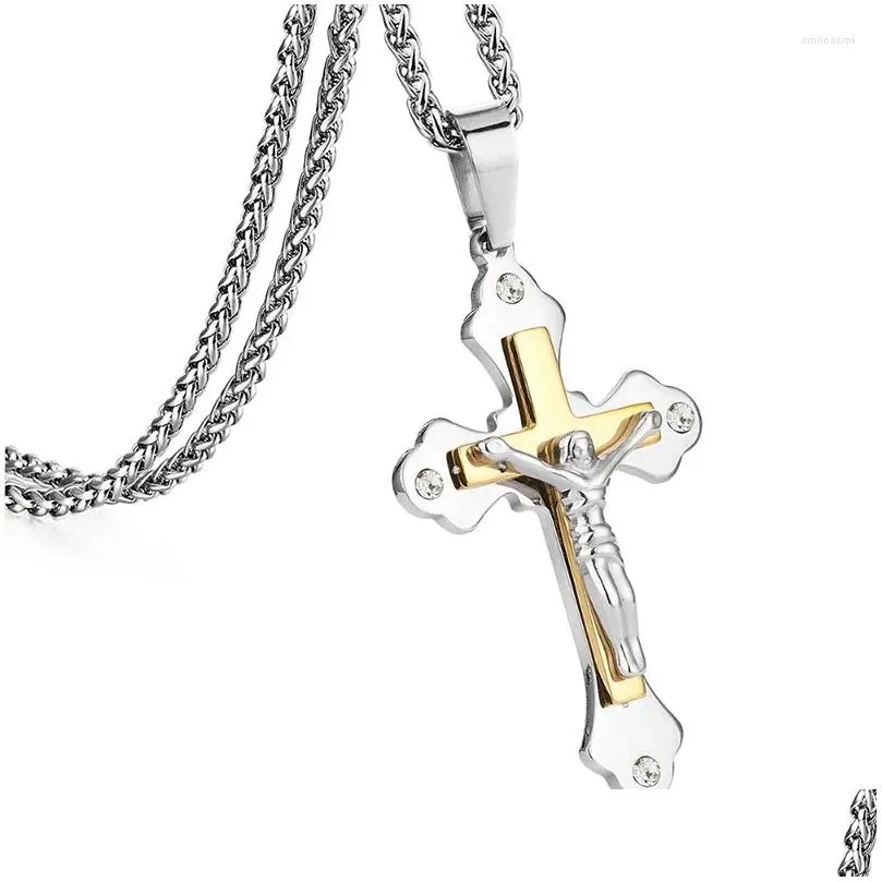 Pendant Necklaces Catholic Zircon Crucifix Cross Jesus Christ Stainless Steel Chain For Men Dad Birthday Gifts Religious Jewelry