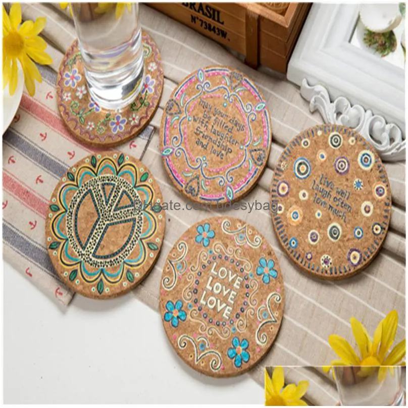 Mats & Pads Round Natural Cork Coasters Heat Resistant Patterned Mats Anti-Scalding Coaster Tabletop Protection Drink Lx4663 Drop Deli Dh8Te