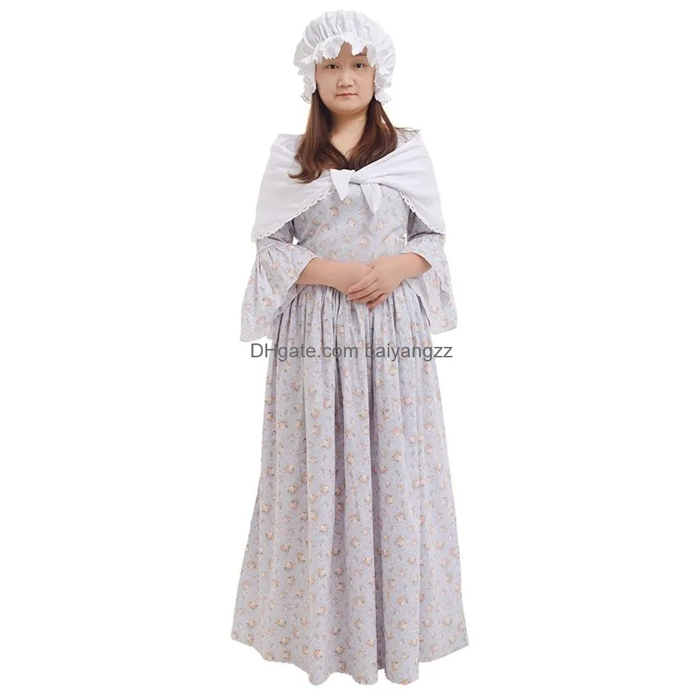 costume medieval renaissance costumes colonial pioneer pilgrim adult halloween carnival party woman floral dress with bonnet outfit