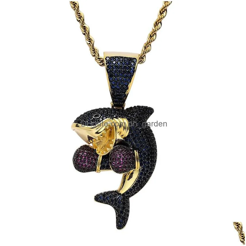 Pendant Necklaces Sport Boxing Shark Necklace Bling Jewelry Set 18K Gold Diamond Cubic Zirconia Animal Pendant Hip Hop Neckl Dhgarden Dhnaa