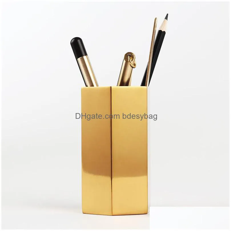 Storage Bottles & Jars Golden Hexagon Pen Holder Dry Flower Metal Vase Office Desktop Stationery Organizer Jar Ins Stainless Steel Sto Dhq5A