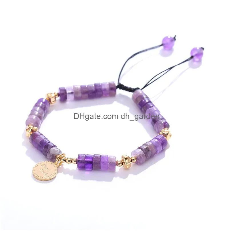 Charm Bracelets Natural Aquamarine Amethyst Bead Bracelet Handmade Adjustable Pillar Stone Beaded Bracelets Jewelry For Dro Dhgarden Dhln8