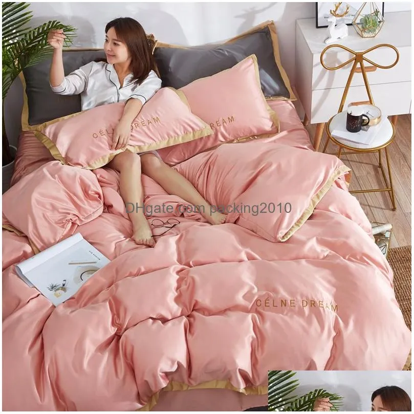 Bedding Sets Four-Piece Silk Cotton Bedding Sets King Queen Size Soft Printed Quilt Er Pillow Case Duvet Brand Bed Comforters Fast Dro Dhyj4